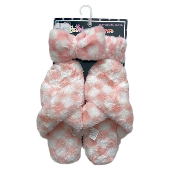 Rainbow Sugar Other - Girls Plush Slippers Flip Flops Headband Head Wrap Set Pink White Size XL 3-4